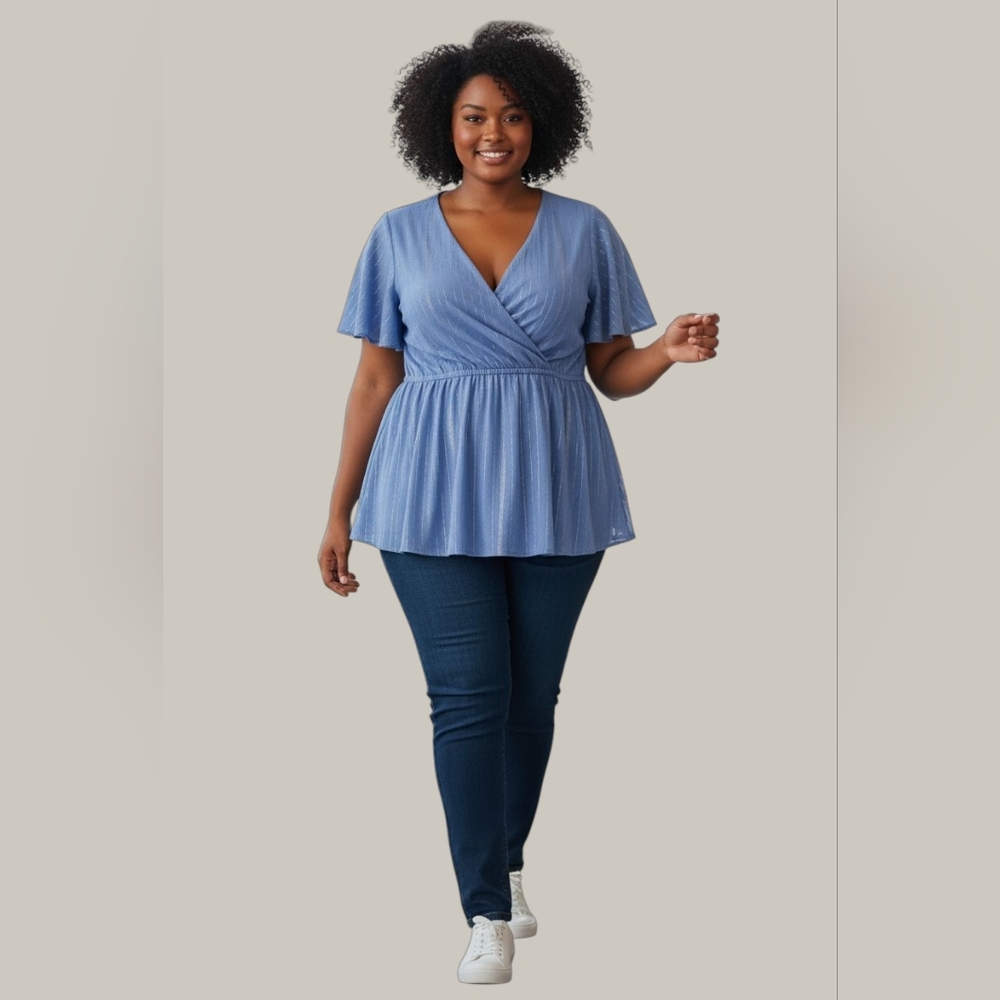 Lane Bryant blouse women's 22 faux wrap flutter sleeve stripe blue silver